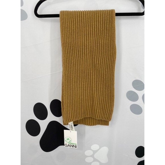Ganni NWT Rib Knit Scarf Recycled Wool Ribbed Half Size Tan One Size New - Picture 5 of 11